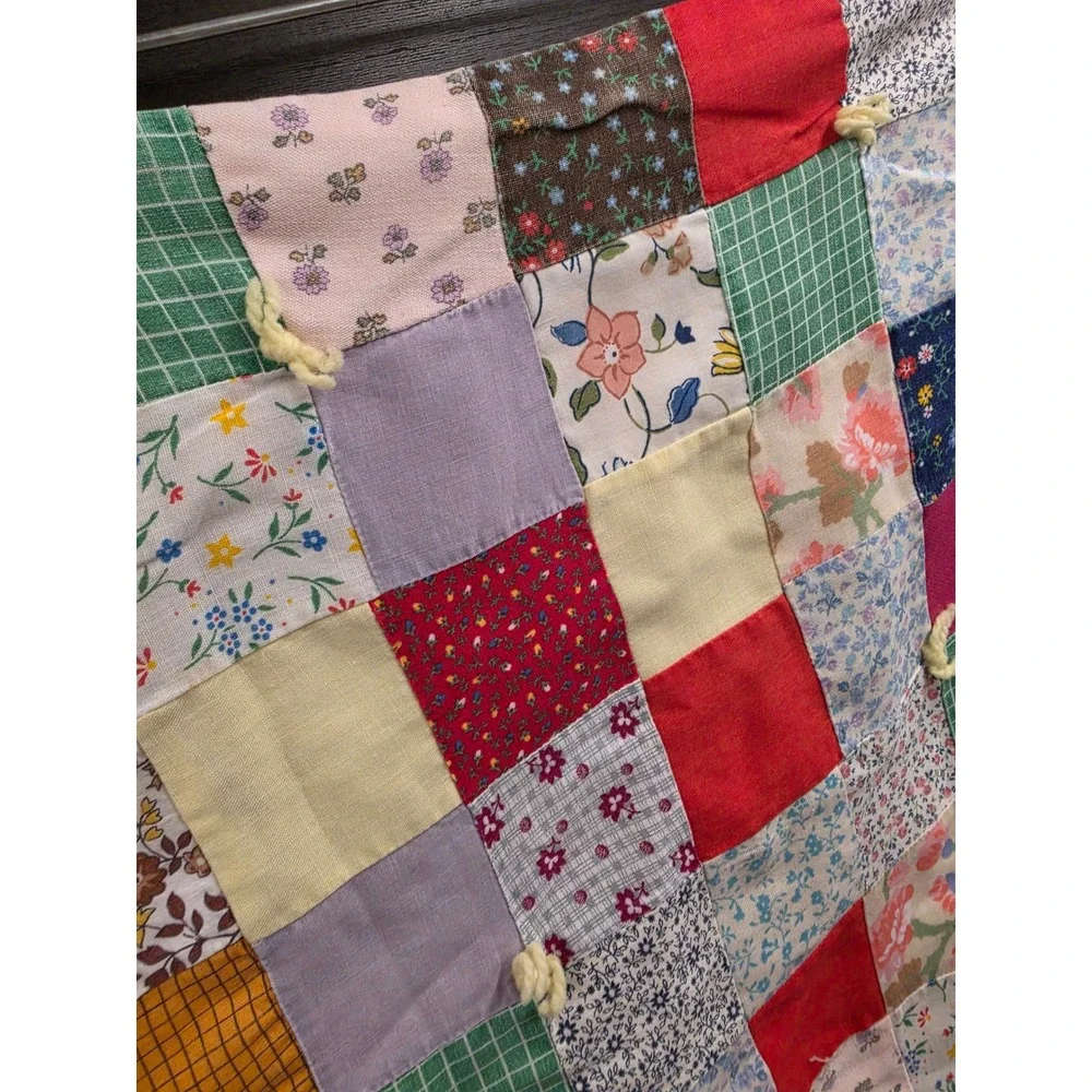 Vintage Handmade Patchwork Quilt Panel Multi Color Scrap Fabric Hand Tied 50x26